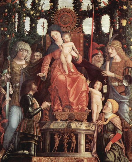 Madonna della Vittoria with Saint John the Baptist, blessing Duke Francesco Gonzaga and saints. 