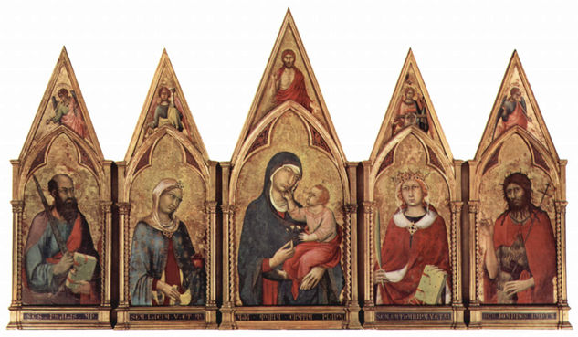 Boston Altarpiece, Maestà with the Christ Blessing, as well as saints and angels in the pediment. 