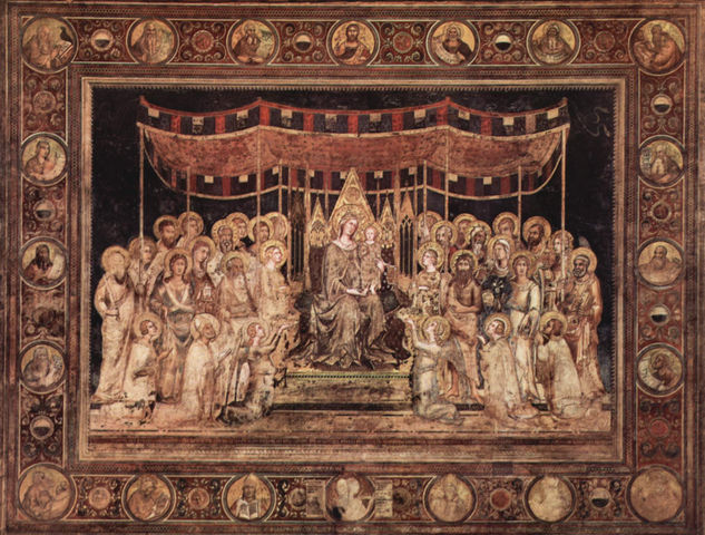 Maestà, Madonna on the throne as the patroness of the city, surrounded by saints, fresco in the Palazzo Pubblico in Siena. 