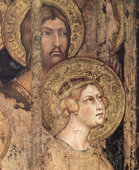 Maestà, Madonna on the throne as patroness of the city, surrounded by saints, fresco in the Palazzo Pubblico in Siena, detail. 