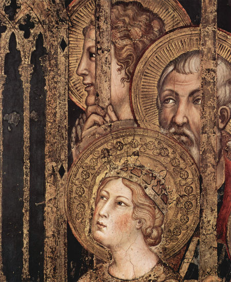 Maestà, Madonna on the throne as patroness of the city, surrounded by saints, fresco in the Palazzo Pubblico in Siena, detail. 