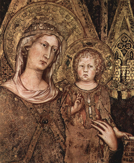 Maestà, Madonna on the throne as patroness of the city, surrounded by saints, fresco in the Palazzo Pubblico in Siena, detail. 