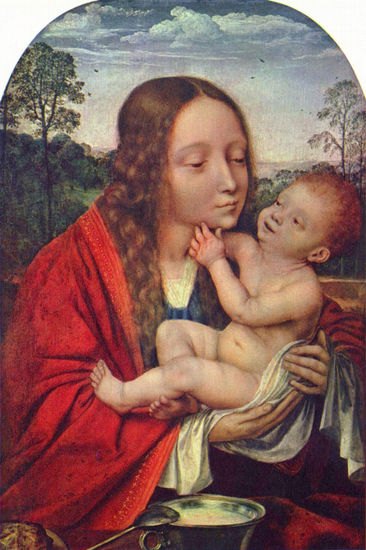 María con el niño Jesús frente a un paisaje 