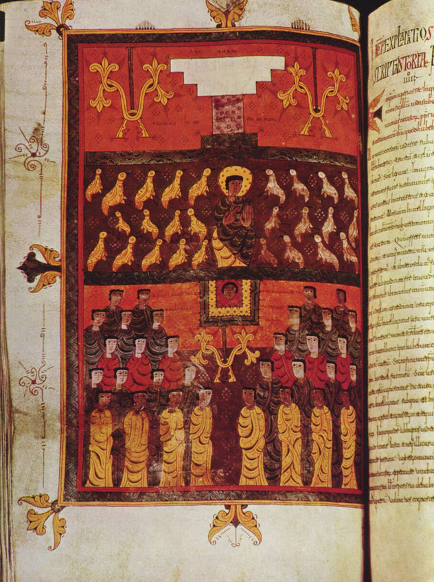 Grupo de las Beatus-Apocalipsis del compendio de textos del monje español Beato de Liébana (siglo VIII), escena.