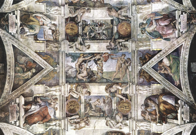 Ceiling of the Sistine Chapel, fresco, stories of Genesis, detail of the overall view with the main scenes 