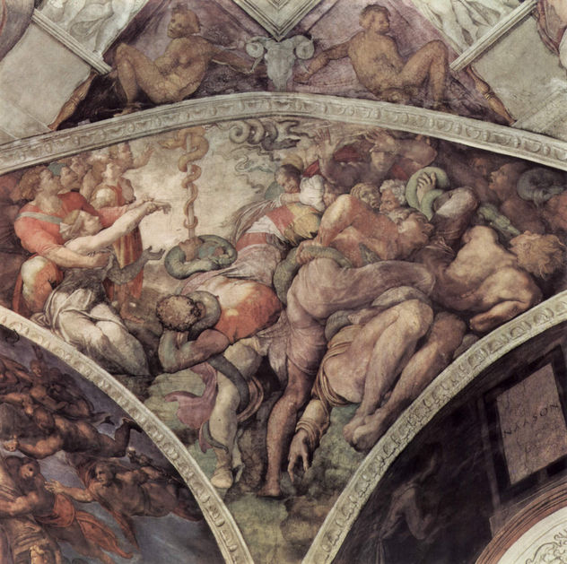 Bóveda de la Capilla Sixtina, fresco, historias del Génesis, escena en la luneta
