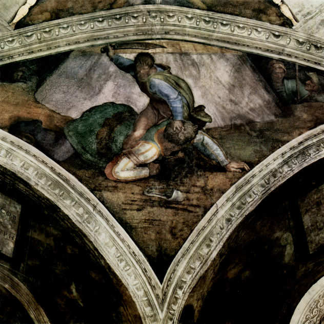 Bóveda de la Capilla Sixtina, fresco, historias del Génesis, escena en la luneta
