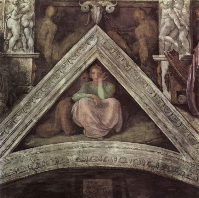 Bóveda de la Capilla Sixtina, fresco, historias del Génesis, escena en la luneta