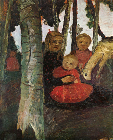 Three Children with Goat in the Birch Forest 