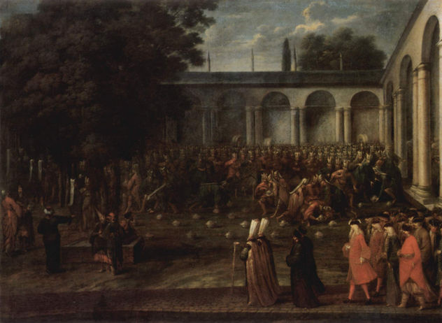 El enviado Cornelis Calkoen se dirige a la audiencia con el sultán Ahmed III.
