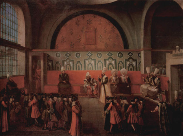 The sons of the viscount d'Andrezel, French ambassador to the Sublime Porte, are presented to the grand vizier Ibrahim Pasha, October 10, 1724. 