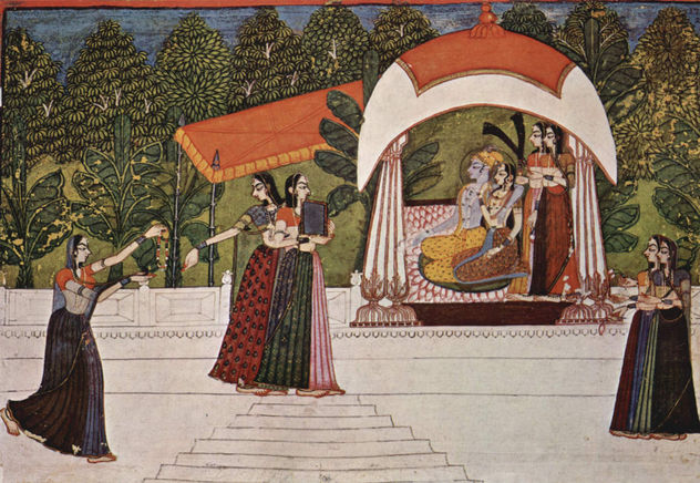 Krishna y Râdhâ en un pabellón