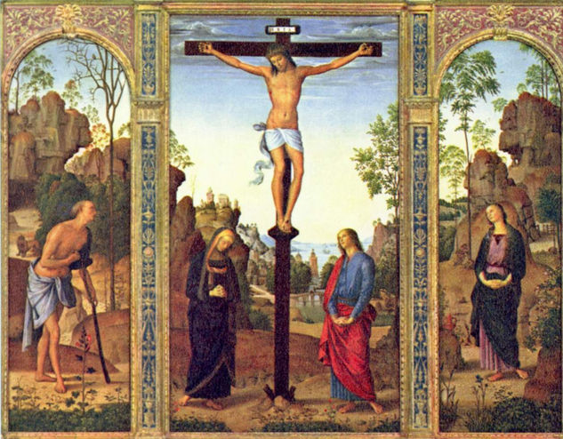 Galitzin Triptych, general view, crucifixion with Mary and Saint John the Evangelist, left wing 