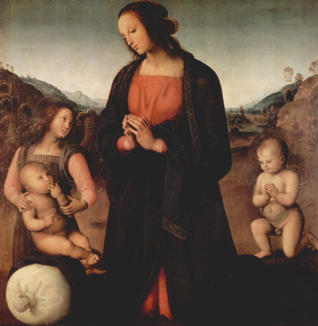 María, adorando al niño Jesús, con Juan el Bautista y un ángel (Madonna del Sacco)