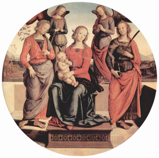 Madonna on a Throne with Two Angels, Saint Rose and Saint Catherine of Alexandria, Tondo