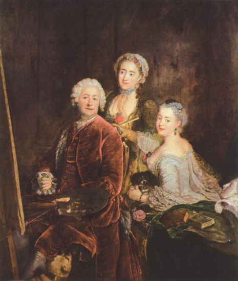 Retrato del pintor con sus dos hijas frente al caballete 