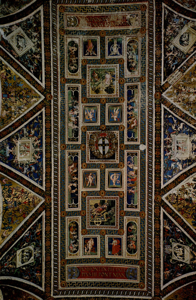 Ciclo de frescos sobre la vida y las acciones de Enea Silvio Piccolomini, Papa Pío II, en la Biblioteca de la Catedral de Siena, fresco de techo, detalle.