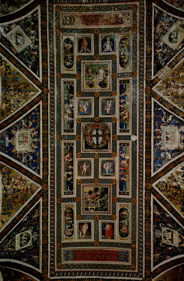 Ciclo de frescos sobre la vida y las acciones de Enea Silvio Piccolomini, Papa Pío II, en la Biblioteca de la Catedral de Siena, fresco de techo, detalle. 