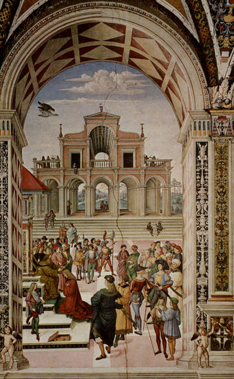 Ciclo de frescos sobre la vida y las acciones de Enea Silvio Piccolomini, Papa Pío II, en la biblioteca de la catedral de Siena, escena. 