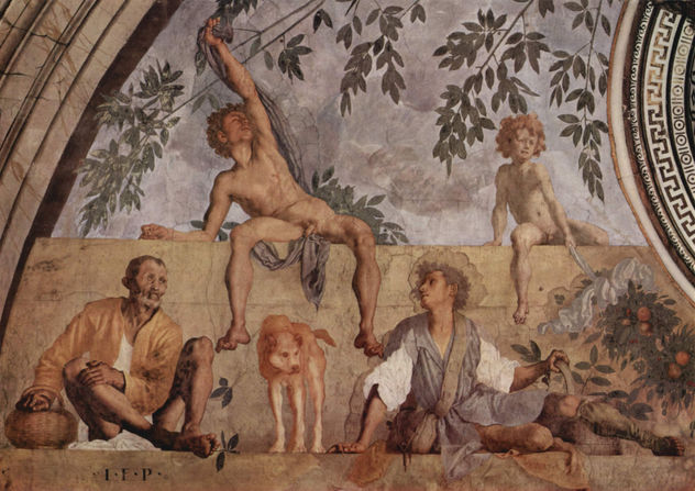 Frescos de las estaciones en la villa Medici en Poggio a Cajano, parte izquierda de la luneta, escena