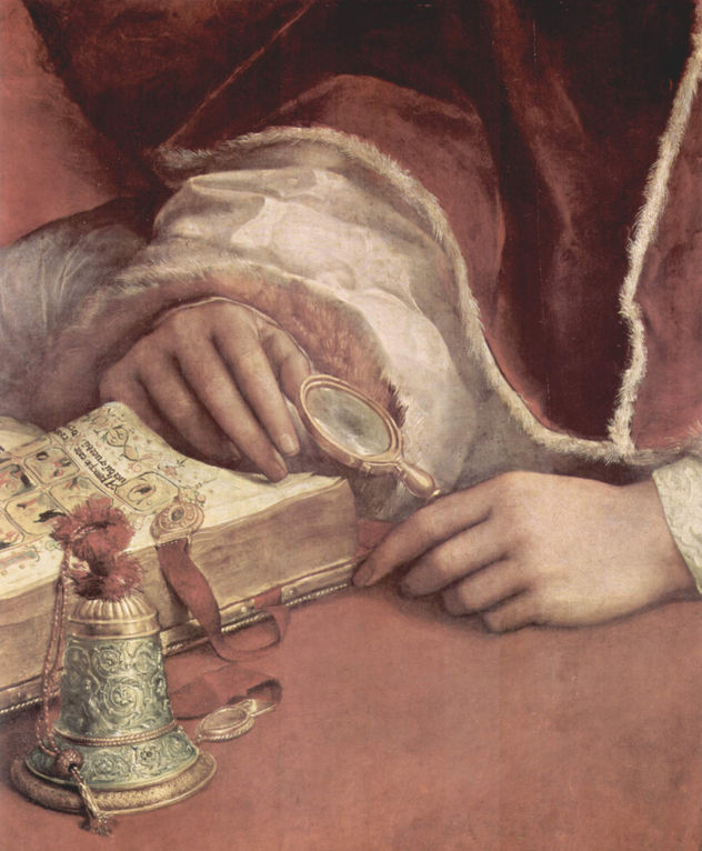 Retrato del Papa León X con los cardenales Giulio de' Medici y Luigi de' Rossi, detalle