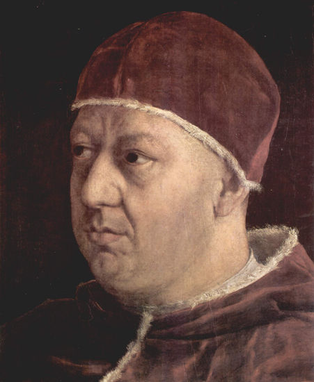 Portrait of Pope Leo X with Cardinals Giulio de' Medici and Luigi de' Rossi, detail 