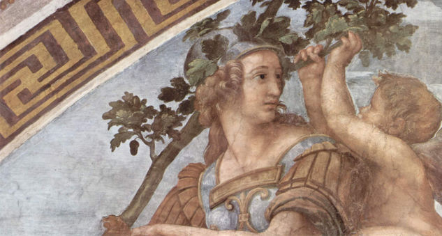 Stanza della Segnatura en el Vaticano para Julio II, fresco lunetal, escena 