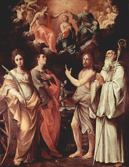 Coronation of Mary with Saint Catherine of Alexandria, Saint John the Evangelist, Saint John the Baptist, Saint Romuald of Camaldoli. 