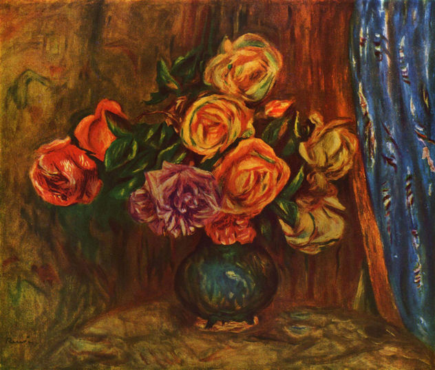 Naturaleza muerta, rosas ante un telón azul
