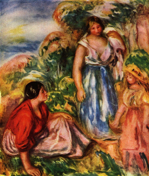 Dos mujeres con una niña en un paisaje
