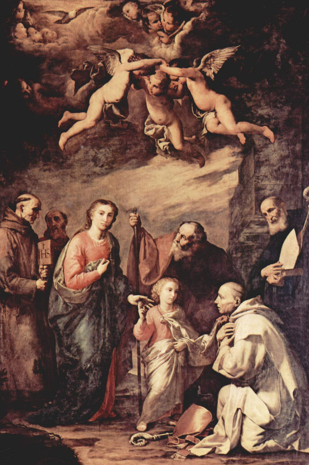 Hl. Familie mit Hl. Bruno, dem Kartäuser und Heiligen, links