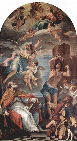 Mary in Glory with the Archangel Gabriel and Saint Eusebius, Saint Sebastian, and Saint Roch. 