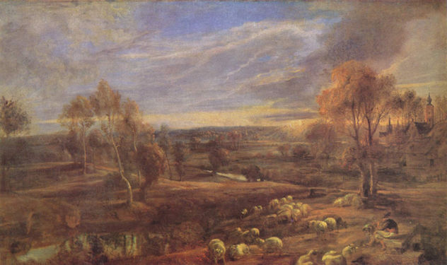 Paisaje vespertino con pastor y rebaño