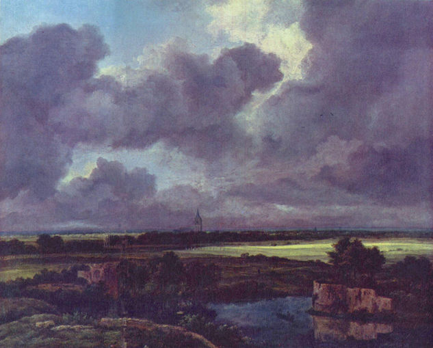 Wide landscape with destroyed fortifications and a church in the background. 