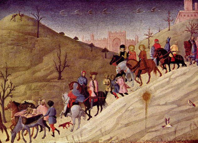 La llegada de los Reyes Magos, fragmento de una imagen con la adoración de los Reyes Magos.