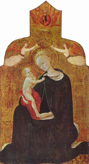 Mary with the Child, crowned by two angels. 