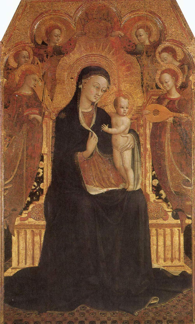 María y el niño Jesús, rodeados de seis ángeles.