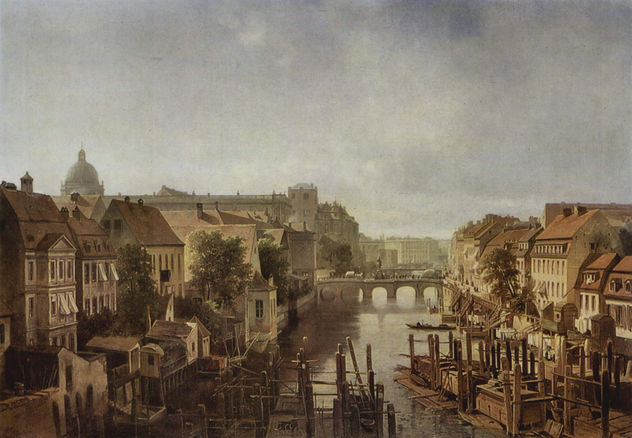 A vista de los Molinos Reales en el Mühlendamm hacia el Puente Largo en Berlín