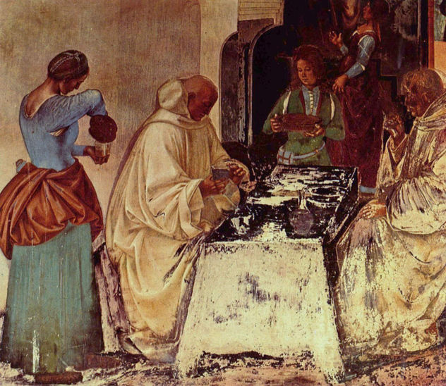 Frescos en el claustro del monasterio benedictino de Monte Oliveto, escenas de la vida de San Benito.
