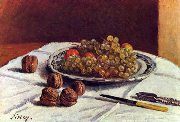 Naturaleza muerta, uvas y nueces