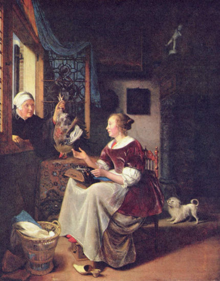 An old woman hands a rooster to a young woman through the window. 