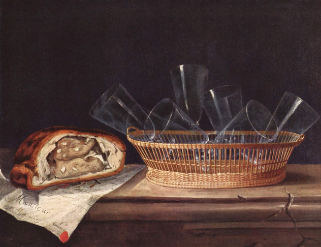 Basket with glasses, pâté, and a letter