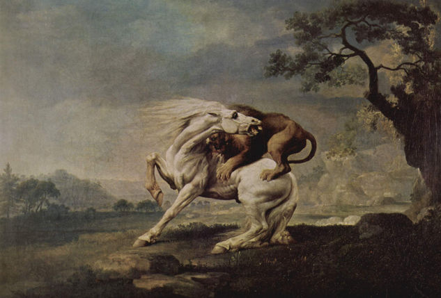 The lion attacks a horse. 