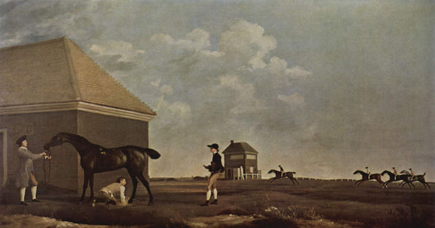 Gimcrack con un mozo de cuadra en Newmarket Heath