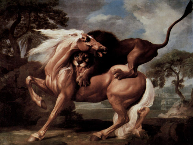 The horse is attacked by a lion. 