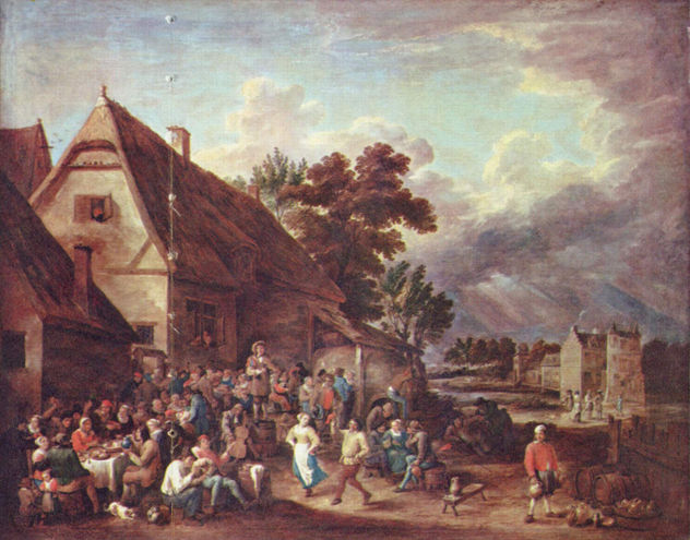 Great village fair with the couple dancing