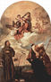 María en gloria, con el Niño Jesús y los ángeles, San Francisco, San Alvisus y el fundador Luigi Gozzi de rodilla