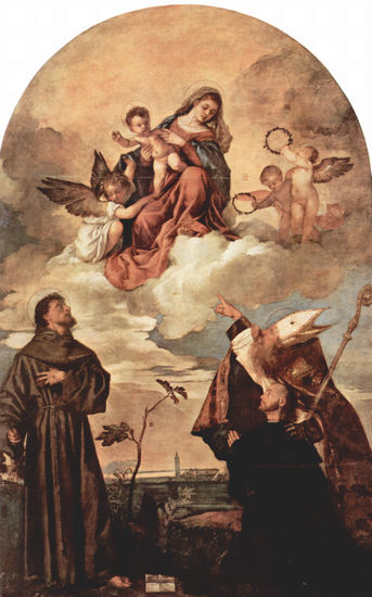 Mary in Glory, with the Child Jesus and the Angels, Saint Francis, Saint Alvisus, and the Founder Luigi Gozzi on his knees 