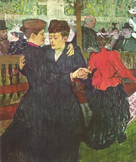 At the Moulin Rouge, two women dancing 