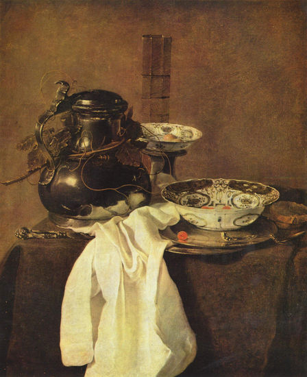 Still Life with a Pewter Jug and Two Porcelain Bowls 